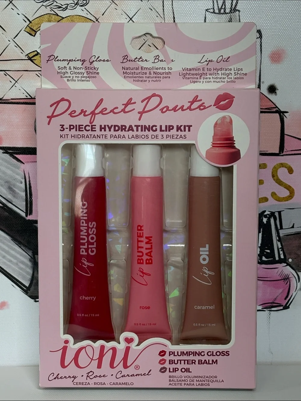 Perfect Pouts 3-Piece Hydrating Lip Kit — Cherry, Rose & Caramel